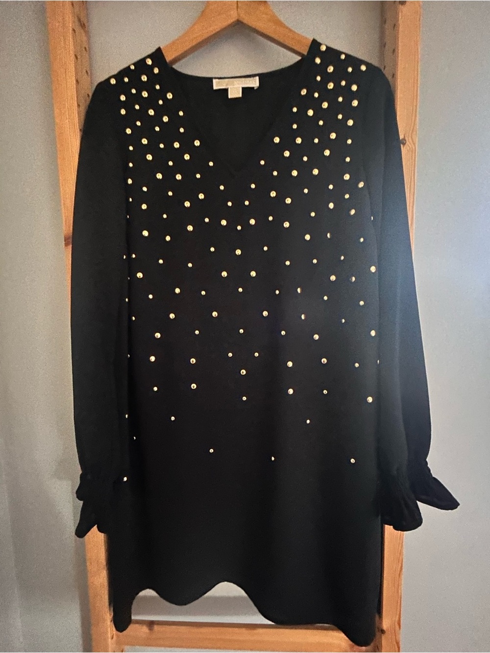 Michael Kors Black Long-Sleeve V-Neck Dress with Gold Studs
